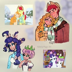 Size: 3120x3120 | Tagged: safe, artist:valeriamagicart, character:bright mac, character:pear butter, species:earth pony, species:human, species:pony, species:unicorn, g4, alternate hairstyle, blushing, bow, clothing, cute, hair bow, humanized, scarf, scene interpretation, screencap reference, shared clothing, shared scarf, snow, tail bow, traditional art