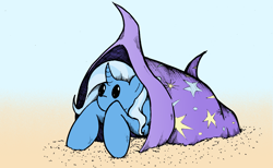 Size: 2460x1520 | Tagged: safe, artist:backgrounds-ponies, character:trixie, species:crab, species:pony, species:unicorn, g4, beach, clothing, cute, female, giant hat, hat, hermit crab, horn, solo, species swap, trixie's hat