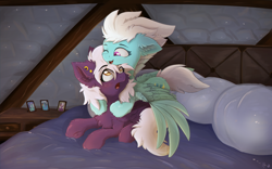 Size: 3840x2400 | Tagged: safe, artist:nighty, character:fleetfoot, oc, oc:nighty cloud, species:pegasus, species:pony, g4, bed, bedroom, blushing, canon x oc, chest fluff, cuddling, cute, ear piercing, earring, female, fireplace, fleetnight, fluffy, frog (hoof), happy, hug, jewelry, lesbian, looking at each other, lying down, mare, night, nightstand, on top, one eye closed, open mouth, piercing, pillow, prone, shipping, signature, surprised, tail fluff, underhoof, wings