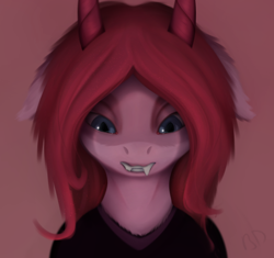 Size: 1230x1156 | Tagged: safe, artist:batsdisaster, character:pinkamena diane pie, character:pinkie pie, species:earth pony, species:pony, g4, alternate hairstyle, bust, clothing, crying, demon, fangs, female, horns, mare, sad, solo