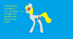 Size: 1606x852 | Tagged: safe, artist:pawstheartest, oc, oc only, species:pony, species:unicorn, g4, blue background, chest fluff, female, horn, mare, paw prints, simple background, solo, talking, unicorn oc