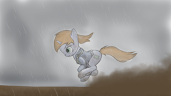 Size: 3840x2160 | Tagged: safe, artist:astralr, oc, oc only, oc:littlepip, species:pony, species:unicorn, fallout equestria, g4, clothing, cutie mark, dirty, dust, female, mare, rain, running, solo, vault suit