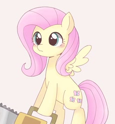 Size: 1893x2048 | Tagged: safe, artist:ginmaruxx, character:fluttershy, species:pegasus, species:pony, .mov, g4, bipedal, blushing, chainsaw, cute, female, grimcute, hoof hold, mare, pink background, shed.mov, shyabetes, simple background, solo