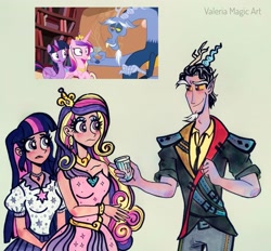 Size: 3211x2984 | Tagged: safe, artist:valeriamagicart, screencap, character:discord, character:princess cadance, character:twilight sparkle, character:twilight sparkle (alicorn), species:alicorn, species:draconequus, species:human, species:pony, episode:three's a crowd, g4, my little pony: friendship is magic, blue flu, female, glass, golden oaks library, horn, horned humanization, humanized, male, mare, scene interpretation, screencap reference, water