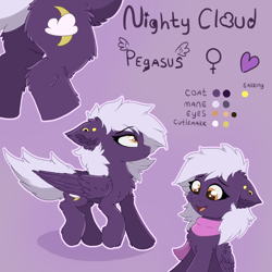 Size: 2100x2100 | Tagged: safe, artist:nighty, oc, oc only, oc:nighty cloud, species:pegasus, species:pony, g4, cheek fluff, chest fluff, clothing, colored pupils, cutie mark, ear fluff, ear piercing, earring, featureless crotch, female, flank, fluffy, frown, jewelry, mare, open mouth, piercing, pink background, reference sheet, scarf, simple background, smiling, tail, trotting, wings, yellow eyes