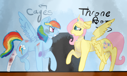 Size: 880x528 | Tagged: safe, artist:pawstheartest, character:fluttershy, character:rainbow dash, species:pegasus, species:pony, g4, angry, bandage, crown, duo, female, jewelry, mare, queen fluttershy, raised hoof, regalia