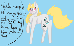 Size: 1024x643 | Tagged: safe, artist:pawstheartest, oc, oc only, species:pony, species:unicorn, g4, blue background, chest fluff, female, horn, mare, paw prints, raised hoof, simple background, solo, talking, unicorn oc