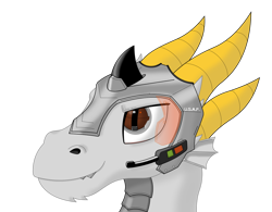 Size: 1280x996 | Tagged: safe, artist:zocidem, oc, oc only, oc:nugget, species:dragon, g4, armor, augmented, bust, commission, headset, helmet, horns, portrait, simple background, solo, transparent background, visor