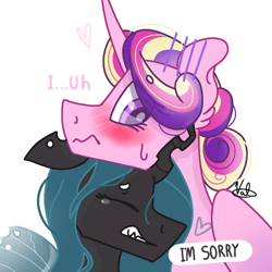 Size: 768x768 | Tagged: safe, artist:valkiria, character:princess cadance, character:queen chrysalis, species:alicorn, species:changeling, species:pony, ship:cadalis, g4, a better ending for chrysalis, apologetic, apology, blushing, changeling queen, crying, cute, cutealis, dialogue, female, heart, horn, infidelity, lesbian, mare, princess cheatdance, shipping, simple background, speech bubble, talking, trepidation, wings