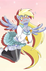 Size: 5959x9257 | Tagged: safe, artist:akikodestroyer, character:derpy hooves, species:anthro, absurd resolution, blushing, clothing, female, panties, panty shot, schoolgirl, solo, underwear