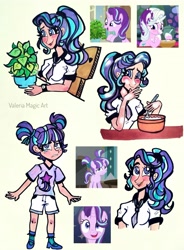 Size: 2958x4025 | Tagged: safe, artist:valeriamagicart, screencap, character:phyllis, character:starlight glimmer, species:human, species:pony, species:unicorn, episode:student counsel, episode:the cutie re-mark, g4, alternate hairstyle, blushing, clock, clothing, female, filly, filly starlight glimmer, humanized, messy hair, messy mane, open mouth, plant, scene interpretation, screencap reference, shoes, traditional art, younger