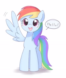 Size: 2788x3261 | Tagged: safe, artist:ginmaruxx, character:rainbow dash, species:pegasus, species:pony, g4, blushing, cute, dashabetes, dawwww, dialogue, featured on derpibooru, female, folded wing, greeting, hello, high res, hnnng, looking at you, mare, open mouth, pixiv, simple background, soft color, solo, speech bubble, spread wings, waving, weapons-grade cute, white background, wing hands, wings