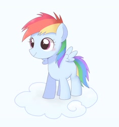 Size: 2894x3082 | Tagged: safe, artist:ginmaruxx, character:rainbow dash, species:pegasus, species:pony, g4, blue background, blushing, cloud, cute, dashabetes, female, filly, filly rainbow dash, high res, on a cloud, pixiv, simple background, solo, younger
