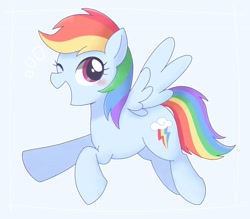 Size: 3305x2894 | Tagged: safe, artist:ginmaruxx, character:rainbow dash, species:pegasus, species:pony, g4, blue background, blushing, cute, dashabetes, female, high res, mare, one eye closed, open mouth, pixiv, simple background, solo, wink