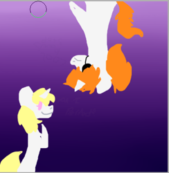 Size: 380x389 | Tagged: safe, artist:pawstheartest, oc, oc only, species:pony, species:unicorn, g4, bipedal, duo, eyepatch, gradient background, horn, smiling, unicorn oc, upside down
