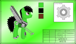 Size: 1191x696 | Tagged: safe, artist:zocidem, oc, oc:wrench, species:earth pony, species:pony, g4, armor, artificial wings, augmented, biohacking, cutie mark, digital art, harness, mechanical wing, reference sheet, solo, tack, wings