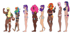 Size: 4621x2128 | Tagged: safe, artist:blacksky1113, character:applejack, character:fluttershy, character:pinkie pie, character:rainbow dash, character:rarity, character:starlight glimmer, character:sunset shimmer, character:twilight sparkle, species:human, g4, alternate hairstyle, applejack's hat, barefoot, bedroom eyes, belly button, bellyring, belt, black underwear, bra, bra strap, breasts, chubby, clothing, commission, cowboy hat, dark skin, ear piercing, earring, eyebrow piercing, feet, female, green underwear, grin, hat, headcanon, hijab, humanized, islam, islamashy, jewelry, lip piercing, mane six, midriff, nail polish, nose piercing, panties, pants, piercing, pink underwear, purple underwear, red underwear, religion, simple background, size difference, smiling, snake bites, sports bra, tattoo, tongue piercing, transparent background, underwear, wall of tags, white underwear