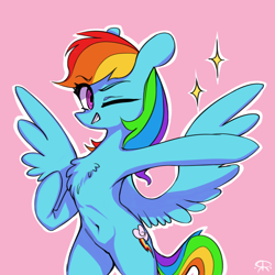 Size: 2000x2000 | Tagged: safe, artist:redruin01, character:rainbow dash, species:pegasus, species:pony, g4, belly button, chest fluff, cute, female, pointing, simple background, solo