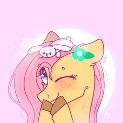 Size: 768x768 | Tagged: safe, artist:valkiria, character:angel bunny, character:fluttershy, species:pegasus, species:pony, g4, angelbetes, blushing, cute, flower, heart, pink background, shyabetes, simple background