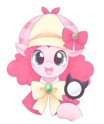 Size: 1729x2048 | Tagged: safe, artist:ginmaruxx, character:pinkie pie, species:pony, g4, alternate hairstyle, bust, clothing, cosplay, costume, crossover, cute, deerstalker, detective, diapinkes, female, hat, hoof hold, looking at you, magnifying glass, mare, open mouth, sherlock shellingford, simple background, smiling, solo, suzuko mimori, tantei opera milky holmes, tstivv is trying to murder us, voice actor joke, white background