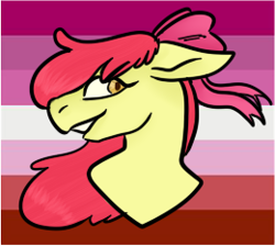 Size: 260x233 | Tagged: safe, artist:pawstheartest, character:apple bloom, species:earth pony, species:pony, g4, bow, bust, female, filly, hair bow, headcanon, lesbian apple bloom, lesbian pride flag, lgbt headcanon, pride, pride flag, sexuality headcanon, smiling, solo