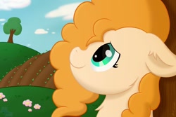 Size: 1024x683 | Tagged: safe, artist:exobass, character:pear butter, species:earth pony, species:pony, g4, buttercup, farm, fields, flower, happy, smiling, tree
