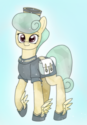 Size: 1500x2160 | Tagged: safe, artist:astralr, species:crystal pony, species:earth pony, species:pony, g4, bag, cinnabar, clothing, cute, female, golden hooves, hat, mare, quicksilver, raised hoof, saddle bag, solo