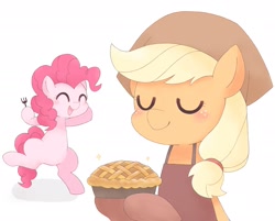 Size: 2048x1643 | Tagged: safe, artist:ginmaruxx, character:applejack, character:pinkie pie, species:earth pony, species:pony, g4, apron, bipedal, clothing, cute, diapinkes, duo, eyes closed, female, food, fork, headscarf, hoof hold, jackabetes, mare, open mouth, oven mitts, pie, scarf, simple background, smiling, white background