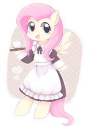 Size: 1453x2048 | Tagged: safe, artist:ginmaruxx, character:fluttershy, species:pegasus, species:pony, g4, bipedal, blushing, clothing, coaster, cup, cute, dawwww, dress, female, fluttermaid, happy, looking at you, maid, mare, open mouth, semi-anthro, shyabetes, solo, teacup, weapons-grade cute