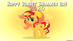 Size: 2560x1440 | Tagged: safe, artist:faze-alan-mskull2019, character:sunset shimmer, species:pony, species:unicorn, g4, cute, faec, female, mare, smiling, smirk, solo, sunset shimmer day, twiface