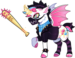 Size: 833x643 | Tagged: safe, alternate version, artist:lastnight-light, oc, oc:rock candy, species:alicorn, species:bat pony, species:pony, g4, bat pony alicorn, bat wings, clothing, female, horn, jacket, leather jacket, mare, mask, nail bat, simple background, socks, solo, spiked wristband, striped socks, transparent background, wings, wristband