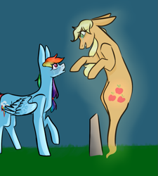 Size: 899x1000 | Tagged: safe, artist:pawstheartest, character:applejack, character:rainbow dash, species:earth pony, species:pegasus, species:pony, g4, duo, female, ghost, gravestone, looking at each other, mare, raised hoof, undead