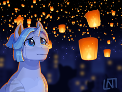 Size: 960x720 | Tagged: safe, artist:lastnight-light, oc, oc only, oc:crystal cure, species:pony, species:unicorn, g4, crying, eye reflection, female, lantern, mare, paper lantern, reflection, silhouette, solo focus