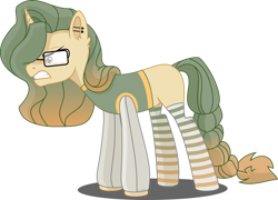 Size: 1024x737 | Tagged: safe, artist:babyroxasman, oc, oc:light wright, species:pony, species:unicorn, g4, angry, braided tail, clothing, ear piercing, glasses, male, piercing, simple background, solo, stallion, stockings, thigh highs, transparent background, vector