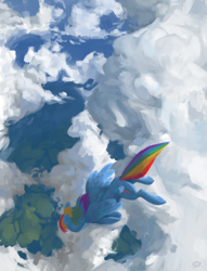 Size: 2000x2618 | Tagged: safe, artist:redruin01, character:rainbow dash, species:pegasus, species:pony, g4, cloud, female, flying, lineless, mare, painting, scenery, sky, solo