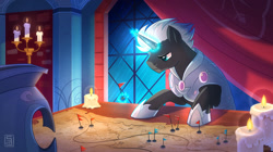Size: 1781x1000 | Tagged: safe, artist:seanica, oc, oc only, oc:valorheart, species:pony, species:unicorn, g4, armor, candle, crystal armor, crystal guard, crystal guard armor, male, map, planning, solo, stallion
