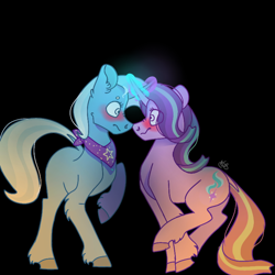 Size: 768x768 | Tagged: safe, artist:valkiria, character:starlight glimmer, character:trixie, species:pony, species:unicorn, ship:startrix, g4, black background, blushing, cute, female, glowing horn, horn, lesbian, looking at each other, magic, mare, shipping, simple background, stars, surprised