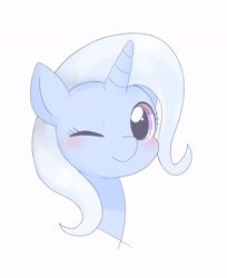 Size: 1569x1920 | Tagged: safe, artist:ginmaruxx, character:trixie, species:pony, species:unicorn, g4, blushing, bust, cute, diatrixes, female, looking at you, mare, one eye closed, portrait, simple background, smiling, solo, weapons-grade cute, white background, wink
