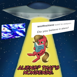 Size: 850x850 | Tagged: safe, artist:ariah101, oc, oc:pun, species:earth pony, species:pony, ask pun, g4, abduction, alien, alien abduction, ask, failed a spot check, solo, space, ufo