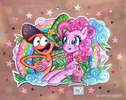 Size: 3200x2544 | Tagged: safe, artist:valeriamagicart, character:pinkie pie, species:earth pony, species:pony, g4, blushing, chest fluff, clothing, cupcake, cute, dawwww, duo, female, food, hat, male, mare, marker drawing, rainbow, stars, traditional art, wander (wander over yonder), wander over yonder