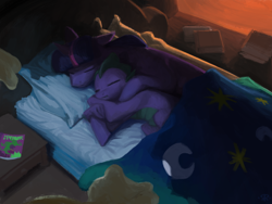 Size: 3200x2400 | Tagged: safe, artist:redruin01, character:spike, character:twilight sparkle, character:twilight sparkle (unicorn), species:pony, species:unicorn, g4, bed, bedroom, book, comfy, cute, duo, female, library, male, mare, moonlight, power ponies comic, sleeping, spikabetes, spikelove, twiabetes
