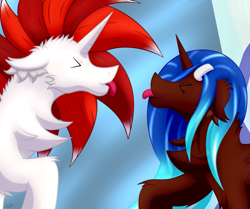 Size: 2783x2329 | Tagged: safe, artist:thebenalpha, oc, oc:aine aisling, oc:ryoku memori, species:alicorn, species:pony, g4, alicorn oc, castle, fight, friendship, horn, simple background, tongue out, wings