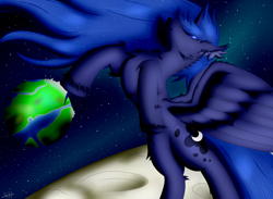 Size: 3392x2481 | Tagged: safe, artist:thebenalpha, character:princess luna, species:alicorn, species:pony, g4, equestria, feels, moon, solo, space, space background, wings