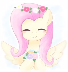 Size: 1828x1920 | Tagged: safe, artist:ginmaruxx, character:fluttershy, species:pegasus, species:pony, g4, blushing, bust, cute, eyes closed, female, floral head wreath, flower, mare, shyabetes, smiling, solo, spread wings, wings