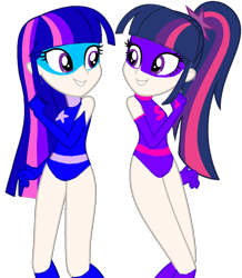 Size: 1266x1452 | Tagged: safe, artist:sarahalen, artist:supersamyoshi, base used, character:twilight sparkle, character:twilight sparkle (alicorn), character:twilight sparkle (scitwi), species:alicorn, species:eqg human, species:pony, g4, my little pony:equestria girls, duality, human coloration, magic gaia, sci-titan, self paradox, simple background, superhero, transparent background, twolight