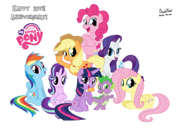 Size: 1024x751 | Tagged: safe, artist:dashyoshi, character:applejack, character:fluttershy, character:pinkie pie, character:rainbow dash, character:rarity, character:spike, character:starlight glimmer, character:twilight sparkle, character:twilight sparkle (alicorn), species:alicorn, species:earth pony, species:pegasus, species:pony, species:unicorn, g4, anniversary, female, folded wings, happy birthday mlp:fim, high res, mane six, mlp fim's tenth anniversary, my little pony logo, simple background, sitting, smiling, transparent background, wings