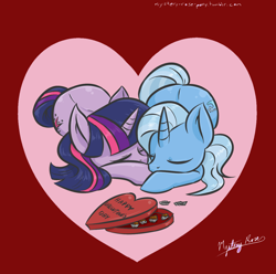 Size: 1240x1232 | Tagged: safe, artist:mysteryrose, edit, character:trixie, character:twilight sparkle, character:twilight sparkle (unicorn), species:pony, species:unicorn, ship:twixie, g4, chocolate, eyes closed, female, food, heart, holiday, lesbian, mare, red background, shipping, simple background, sleeping, valentine's day
