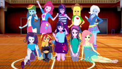Size: 1280x720 | Tagged: safe, artist:csxz, character:applejack, character:fluttershy, character:pinkie pie, character:rainbow dash, character:rarity, character:starlight glimmer, character:sunset shimmer, character:trixie, character:twilight sparkle, character:twilight sparkle (alicorn), character:twilight sparkle (scitwi), species:alicorn, species:eqg human, species:pony, g4, my little pony:equestria girls, boots, clothing, eyes closed, eyeshadow, happy birthday mlp:fim, humane five, humane seven, humane six, koikatsu, makeup, mlp fim's tenth anniversary, one eye closed, pose, sandals, shoes, twolight