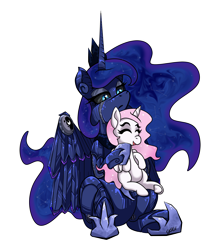 Size: 1920x2147 | Tagged: safe, artist:ghouleh, character:princess celestia, character:princess luna, species:alicorn, species:pony, g4, alternate design, alternate timeline, alternate universe, crown, ethereal mane, female, filly, filly celestia, galaxy mane, jewelry, luxuriant, mare, mechanical, princess, regalia, robot, simple background, sitting on lap, transparent background, younger
