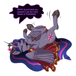Size: 1920x1920 | Tagged: safe, artist:ghouleh, character:twilight sparkle, character:twilight sparkle (alicorn), species:alicorn, species:pony, episode:the last problem, g4, my little pony: friendship is magic, canon, cloak, clothing, crown, element of magic, i am the night, jewelry, legs in air, princess, princess twilight 2.0, regalia, sharp teeth, silly, teeth, tyrant sparkle, whining
